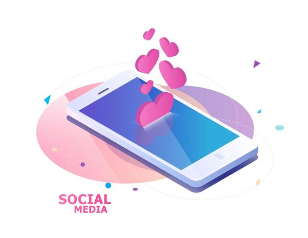 Mobile phone and falling hearts and likes vector