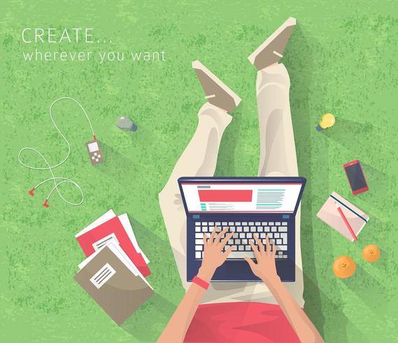 Top view of man sitting on grass working on laptop. vector