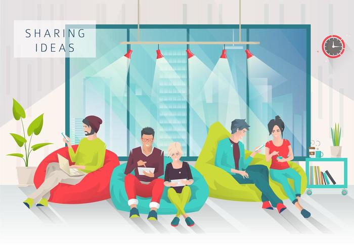 Young people sitting on bean bags with different gadgets vector