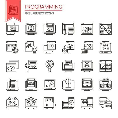 Set of Black and White Thin Line Programming Icons  vector