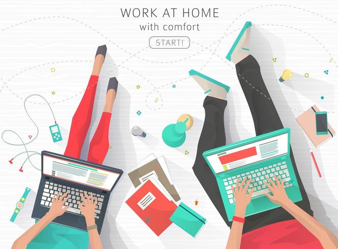 Top down view of two people working at the home vector