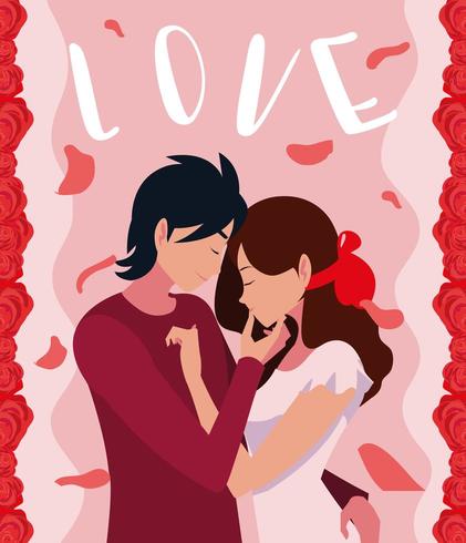 Joven pareja de enamorados póster con decoración de rosas vector