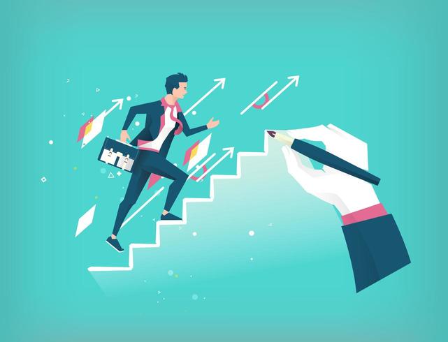 Hand is drawing a ladder to lead young upcoming businessman vector