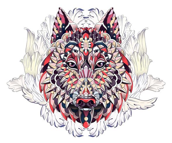 Patterned head of wolf or dog on background with acanthus leaves vector