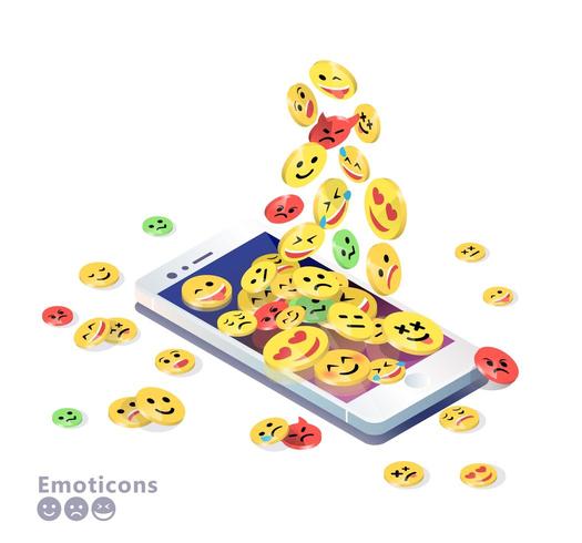Teléfono móvil isométrico con emoticones amontonados en la pantalla vector