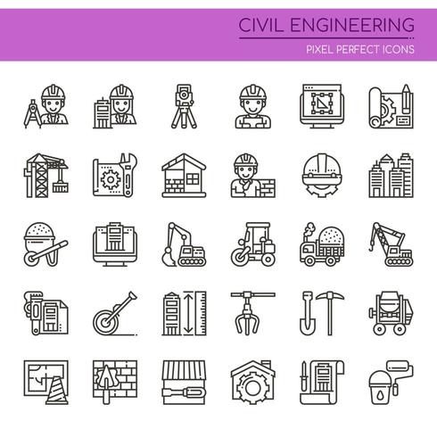 Conjunto de iconos de ingeniería civil de línea delgada en blanco y negro vector