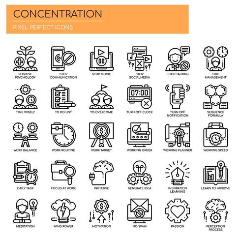 Conjunto de iconos de concentración de línea fina en blanco y negro vector