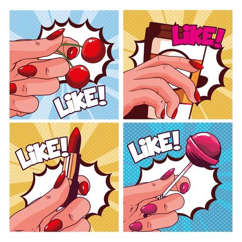 set of women's hand holding items in pop art style vector