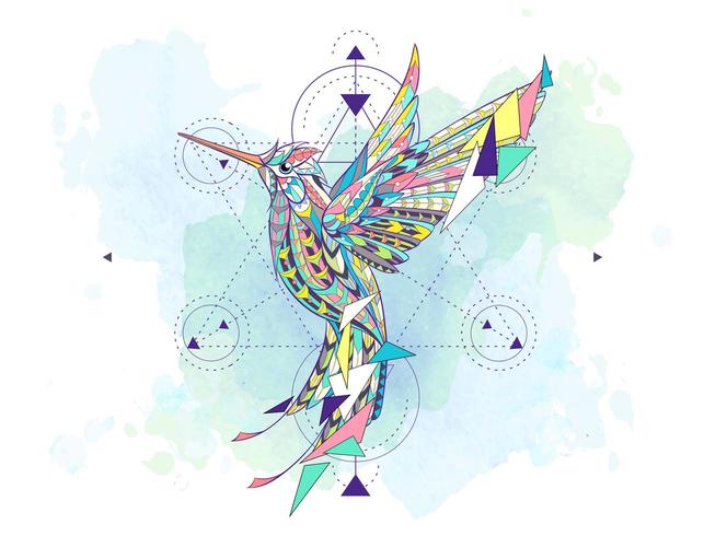 Colibrí estampado rodeado de símbolos de geometría vector