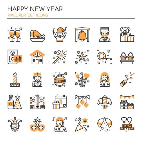 Set of Monochrome Thin Line Happy New Year Icons