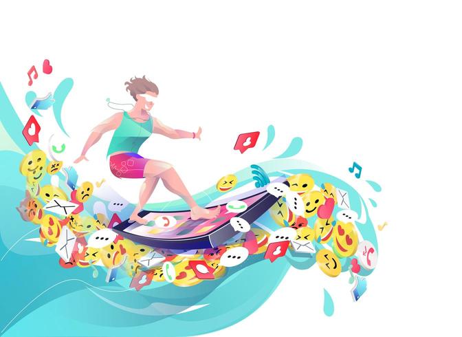 Man surfing on emojis and icons using phone vector