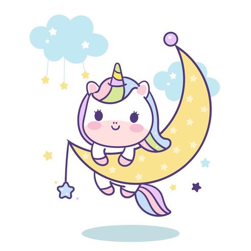 Vector de unicornio kawaii en luna