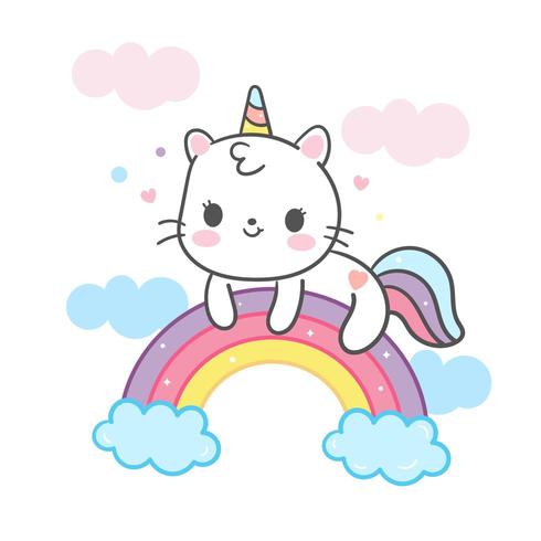 Dibujos animados de gato Kawaii en arco iris vector