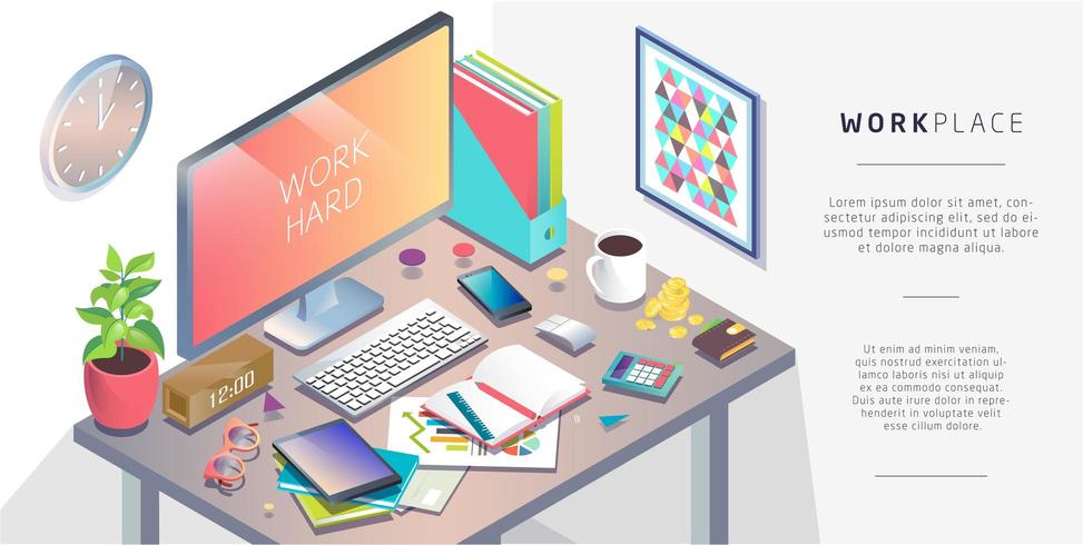 Isometric concept of workplace with computer and office equipment. vector