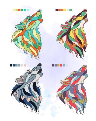 Set of patterned colorful wolf heads vector