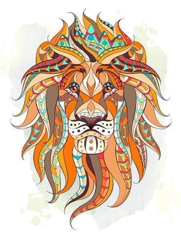 Patterned head of the lion over grunge watercolor background vector