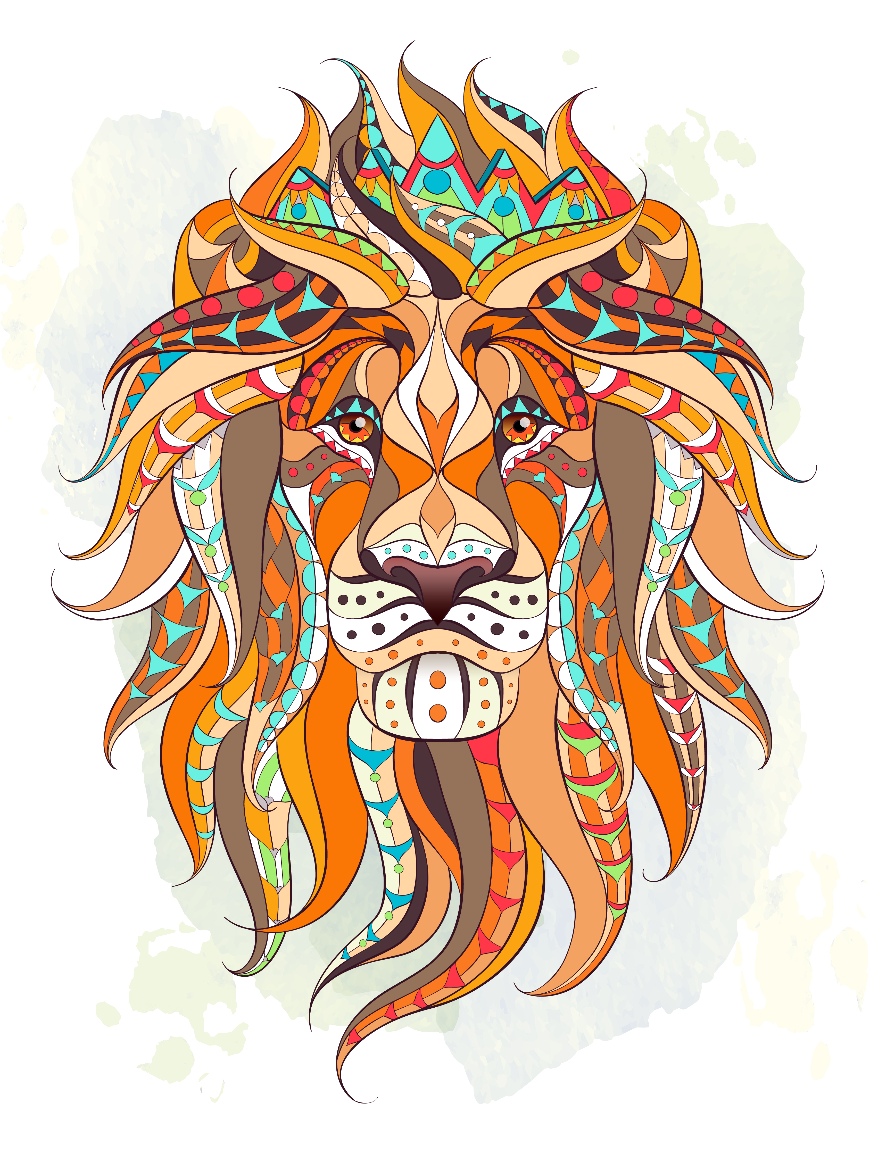 Patterned head of the lion over grunge watercolor background 668159