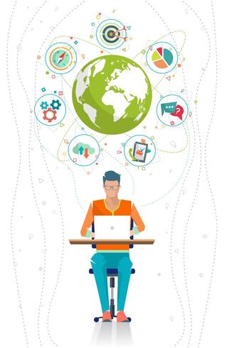 Man sitting at desk working on laptop with globe surrounded by icons vector