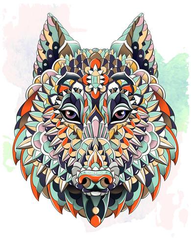 Patterned head of wolf or dog on grunge background vector