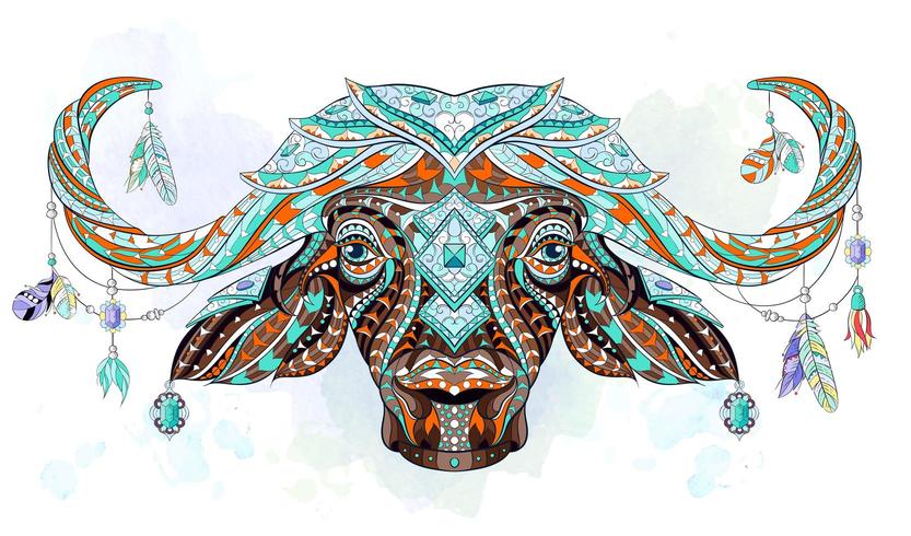 Patterned head of buffalo on watercolor background vector