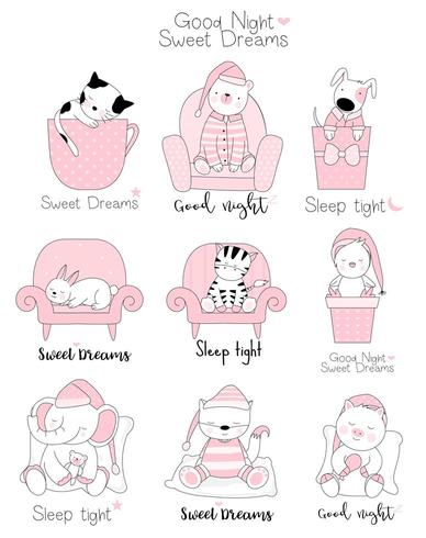 Cute baby animals at bedtime vector