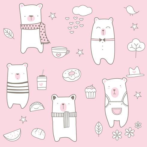 Pink cute baby bear cartoon - seamless pattern vector