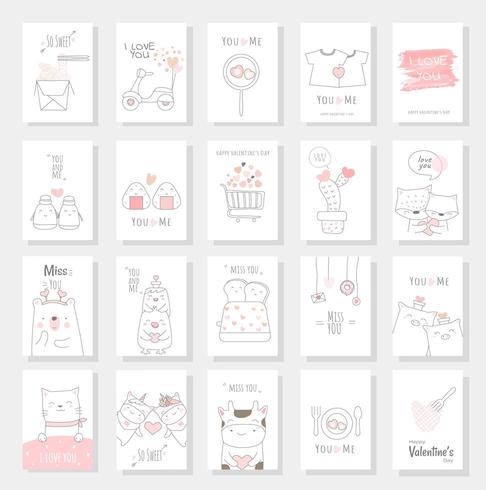 Valentine's Day card set with hand drawn style vector