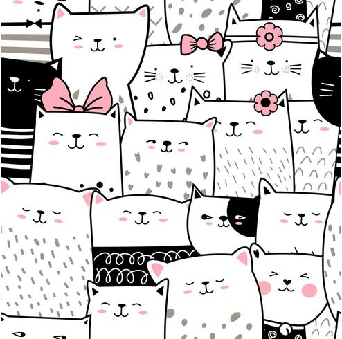 Black and white baby cat cartoon - seamless pattern vector