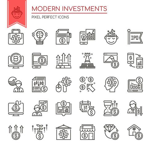 Set of Black and White Thin Line Modern Investments Icons  vector