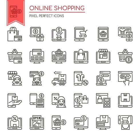 Conjunto de iconos de compras en línea de línea delgada en blanco y negro vector