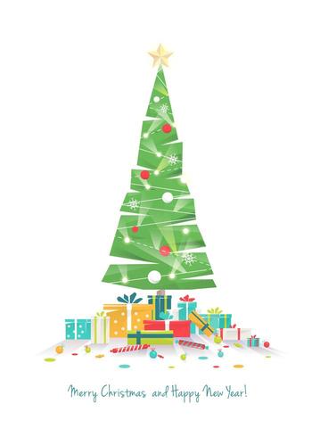 Flat style Christmas tree and presents vector