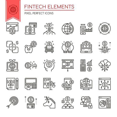 Conjunto de elementos fintech de línea fina en blanco y negro vector