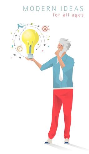 Senior man holding light bulb surrounded by icons vector