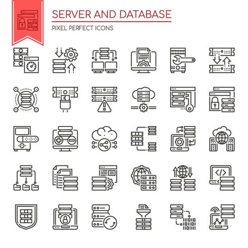 Set of Black and White Thin Line Server and Database Icons  vector