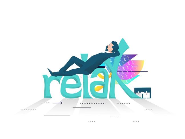 Hombre de negocios descansando sobre letras grandes ortografía Relax vector