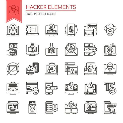 Conjunto de elementos de Hacker de línea delgada en blanco y negro vector