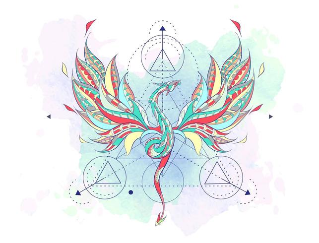 Patterned flying dragon surrounded by geometry elements vector