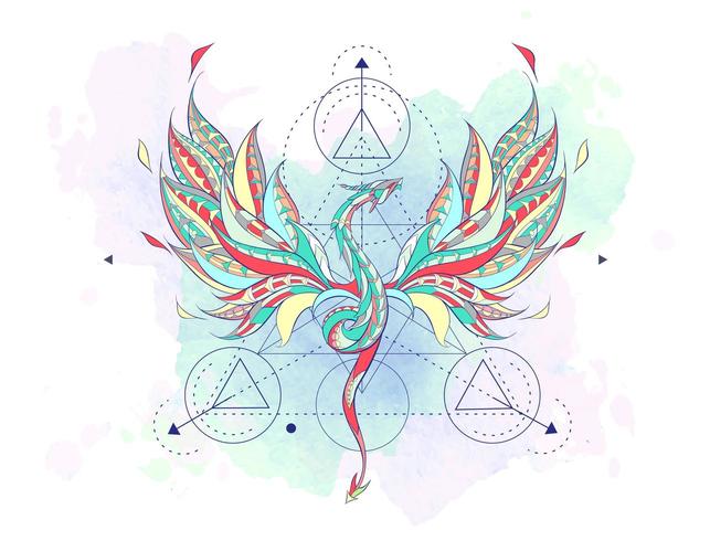 Patterned flying dragon surrounded by geometry elements vector