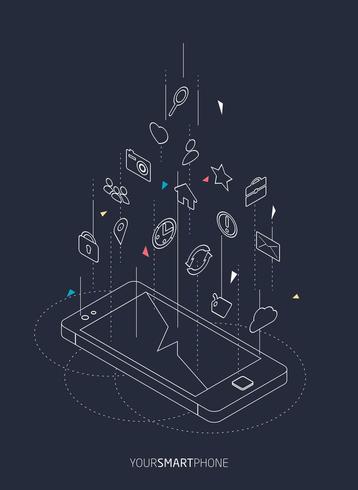 Isometric wireframe concept of smartphone with different icons floating above screen vector