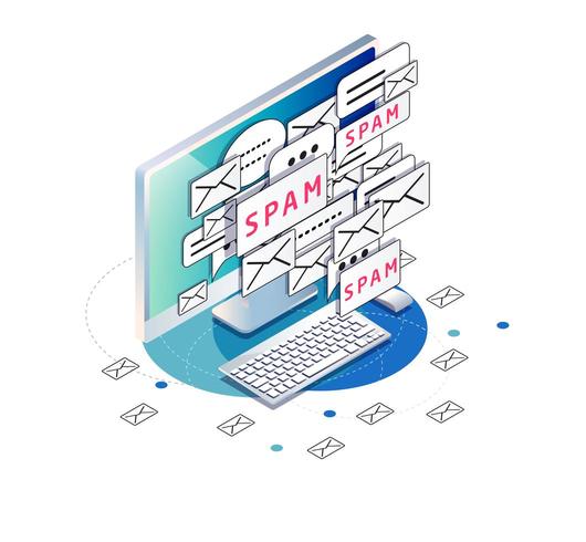 Isometric computer with spam and junk mail envelope icons crowding screen vector
