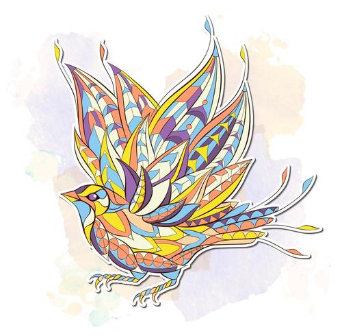 Patterned flying bird on brush stroke background vector