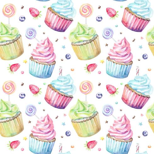Watercolor pattern with cupcakes lollipops and berries vector