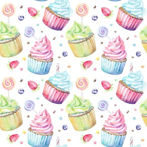 Watercolor pattern with cupcakes lollipops and berries vector