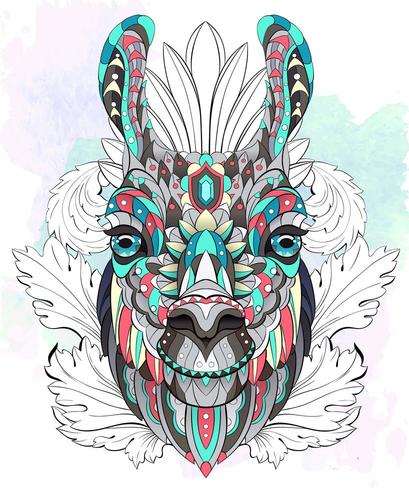 Patterned head of the llama on watercolor background vector