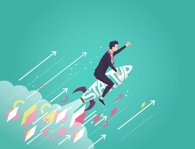 Businessman flying on a rocket made of the word Startup vector