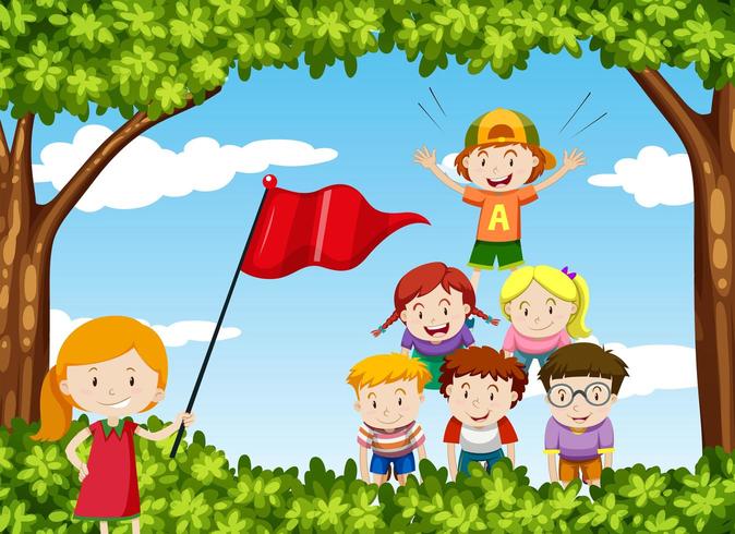 Children play human pyramid in the park vector