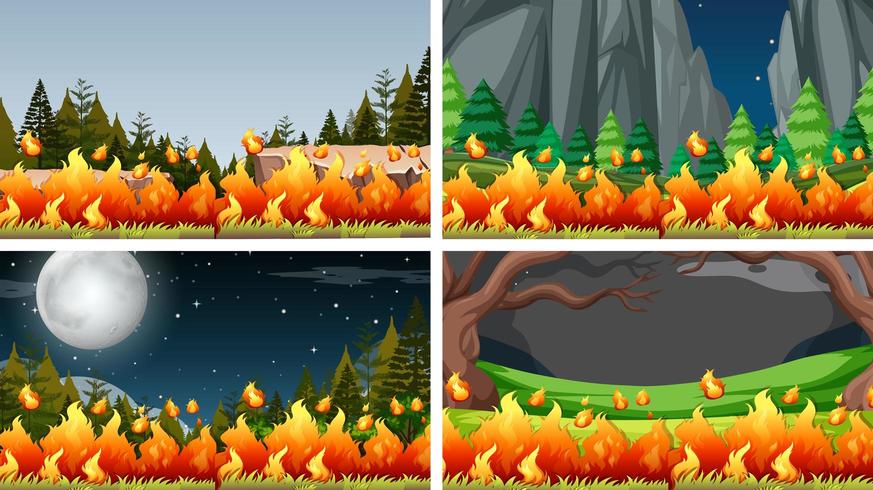 Conjunto de paisajes de incendios forestales vector