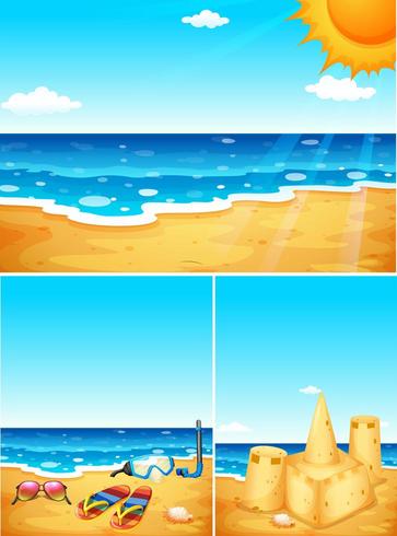 Scenes with beach, sandals and sandcastle  vector