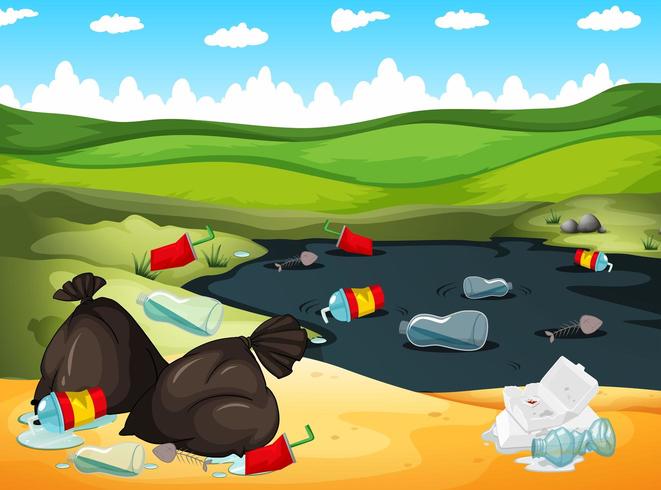 Landscape with garbage in river and around  vector