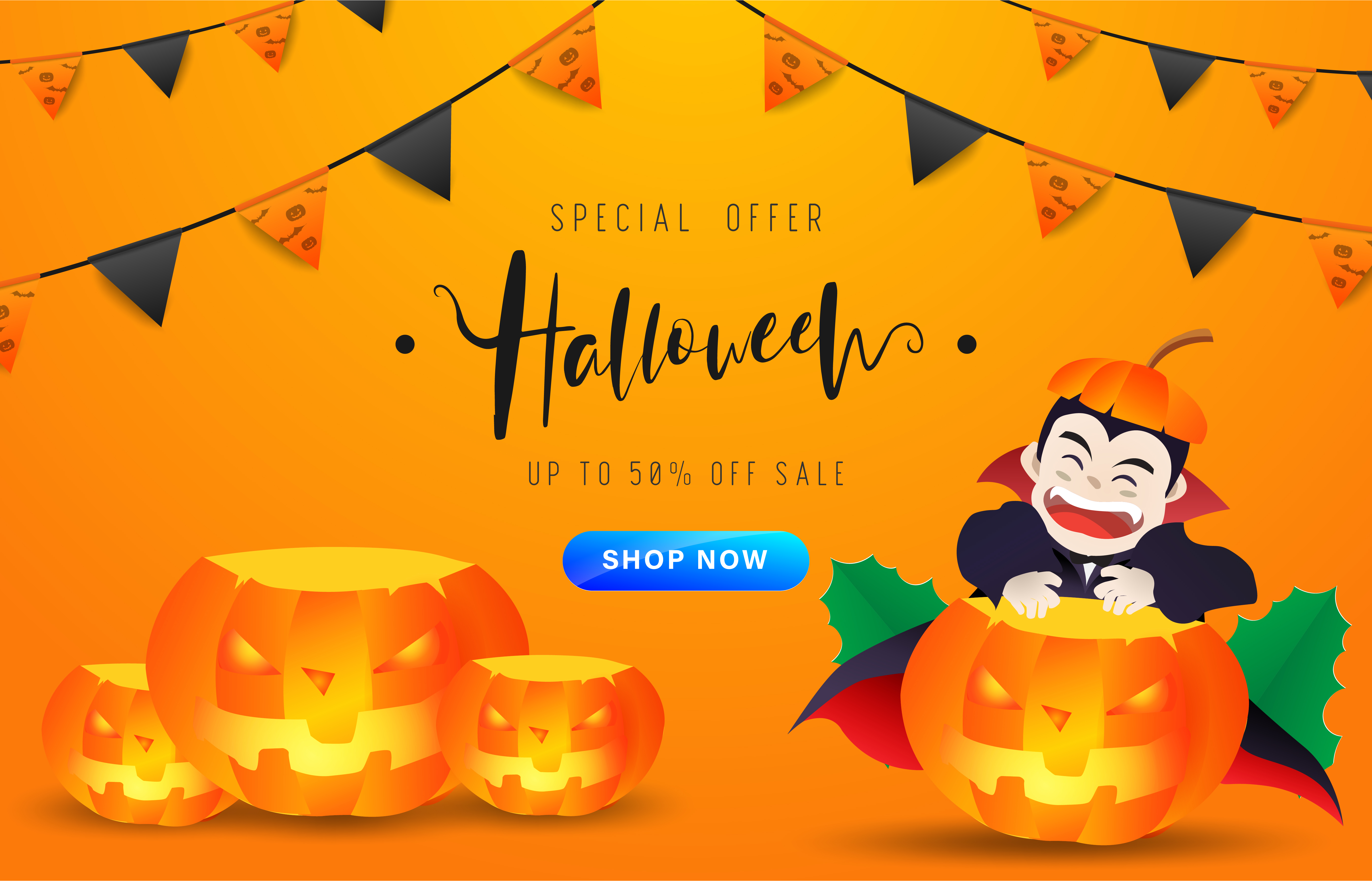 Halloween Banner With Black And Orange Flags And A Vampire